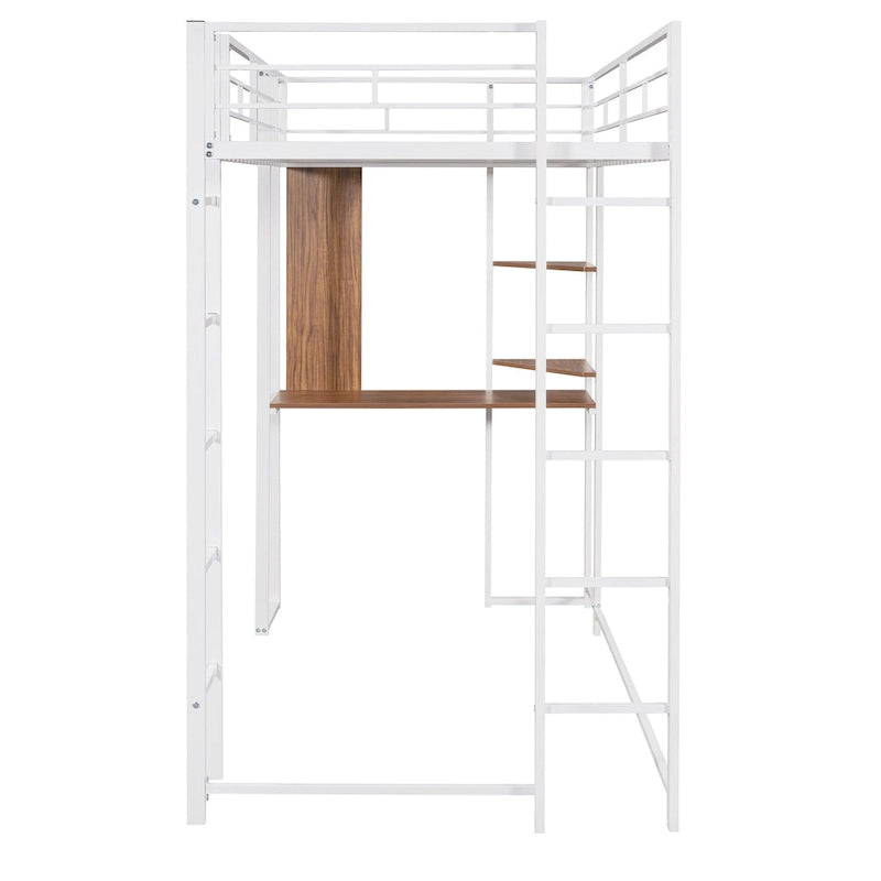 White Twin Metal Loft Bed with Desk, Shelves and Side Ladder