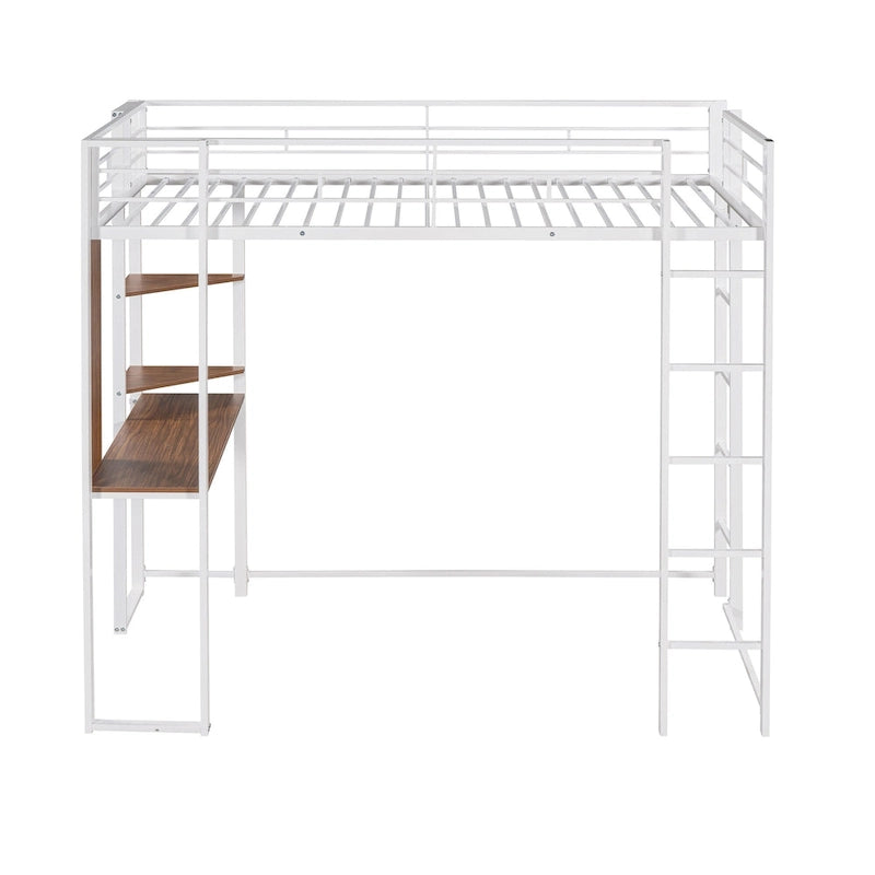 White Twin Metal Loft Bed with Desk, Shelves and Side Ladder