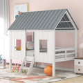 White Gray Roof Kids Playhouse Low Loft Bed with Windows Guardrail Ladder