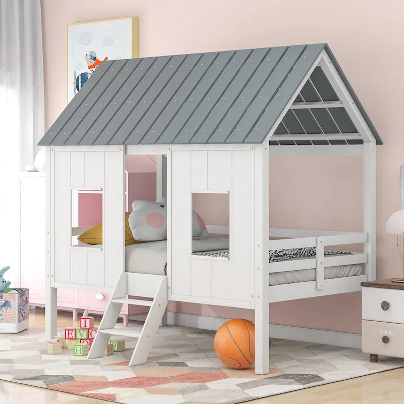White Gray Roof Kids Playhouse Low Loft Bed with Windows Guardrail Ladder