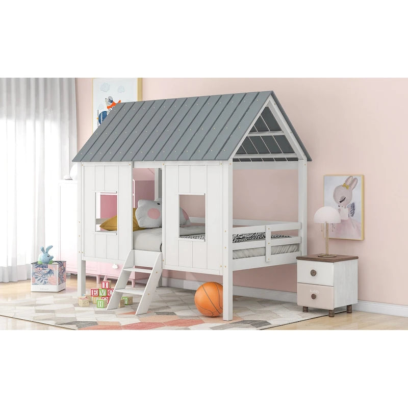 White Gray Roof Kids Playhouse Low Loft Bed with Windows Guardrail Ladder
