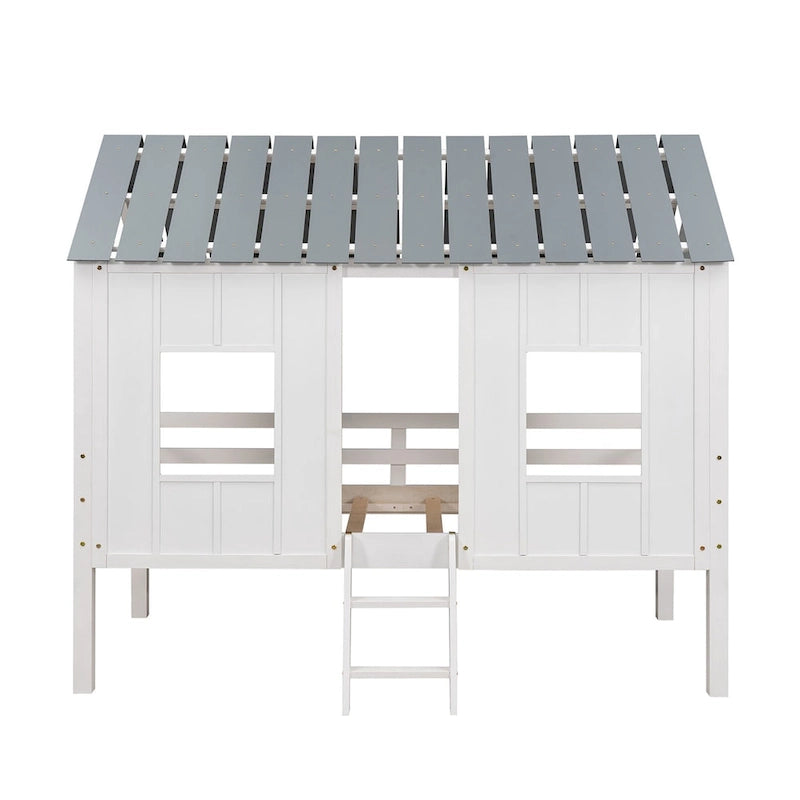 White Gray Roof Kids Playhouse Low Loft Bed with Windows Guardrail Ladder