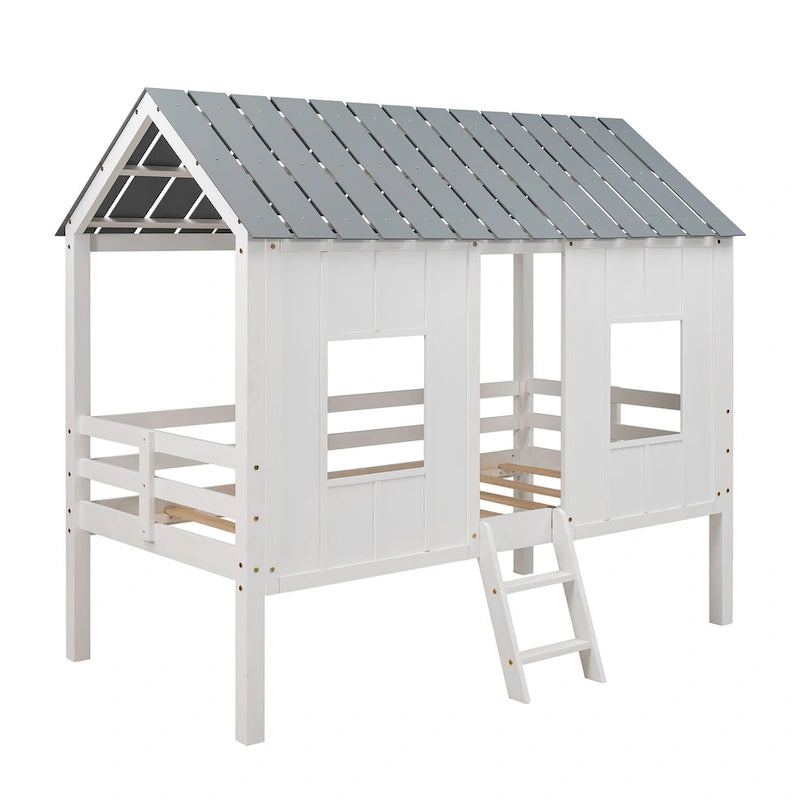White Gray Roof Kids Playhouse Low Loft Bed with Windows Guardrail Ladder