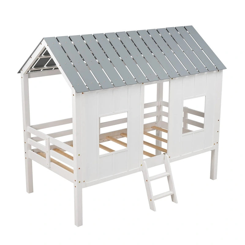 White Gray Roof Kids Playhouse Low Loft Bed with Windows Guardrail Ladder
