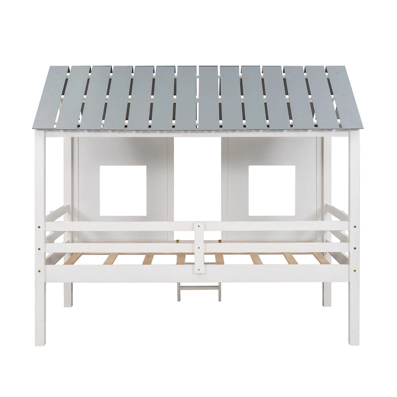 White Gray Roof Kids Playhouse Low Loft Bed with Windows Guardrail Ladder
