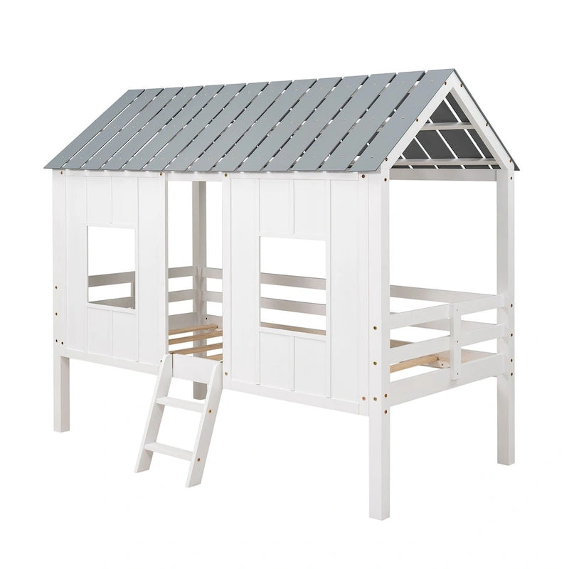 White Gray Roof Kids Playhouse Low Loft Bed with Windows Guardrail Ladder