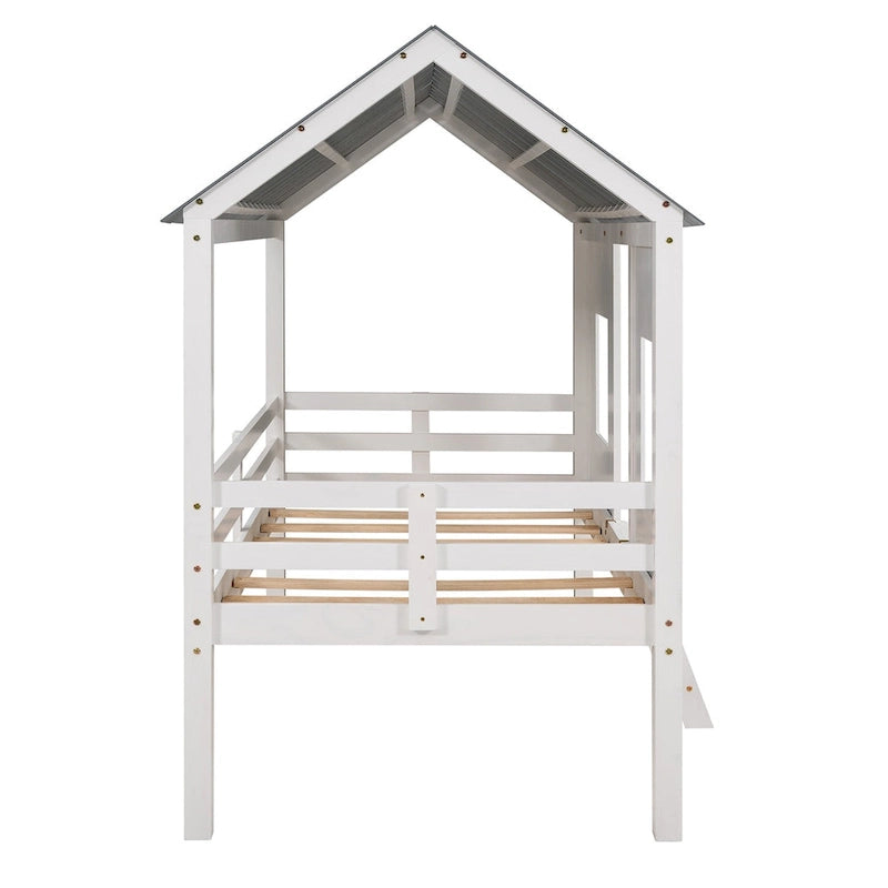 White Gray Roof Kids Playhouse Low Loft Bed with Windows Guardrail Ladder