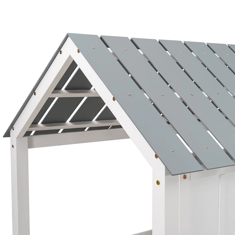 White Gray Roof Kids Playhouse Low Loft Bed with Windows Guardrail Ladder