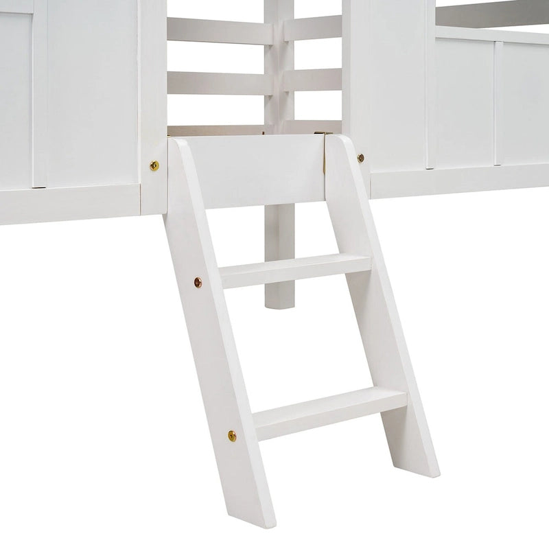 White Gray Roof Kids Playhouse Low Loft Bed with Windows Guardrail Ladder