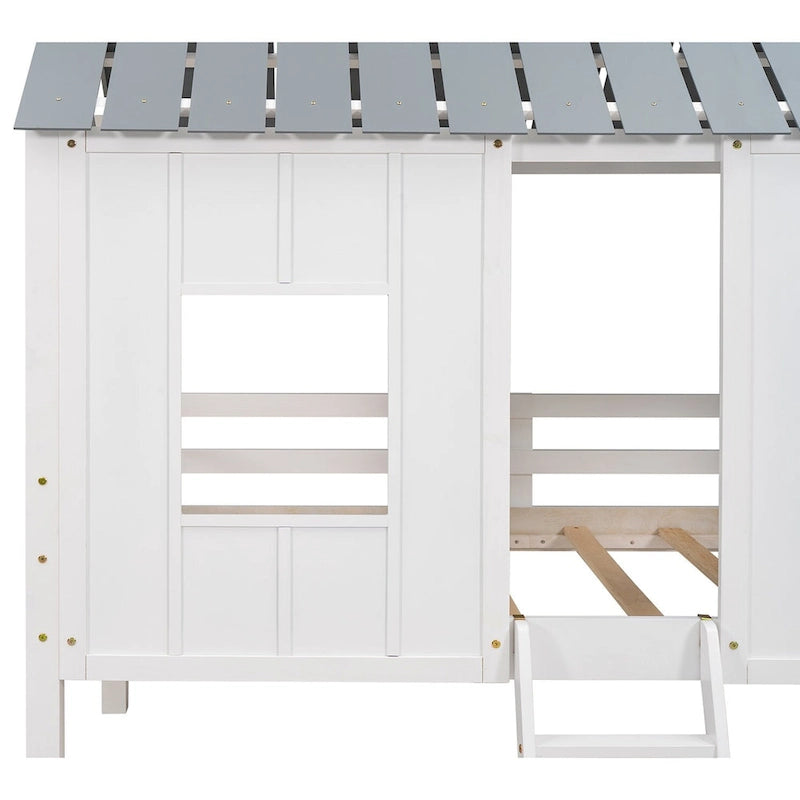 White Gray Roof Kids Playhouse Low Loft Bed with Windows Guardrail Ladder