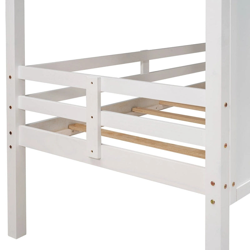 White Gray Roof Kids Playhouse Low Loft Bed with Windows Guardrail Ladder