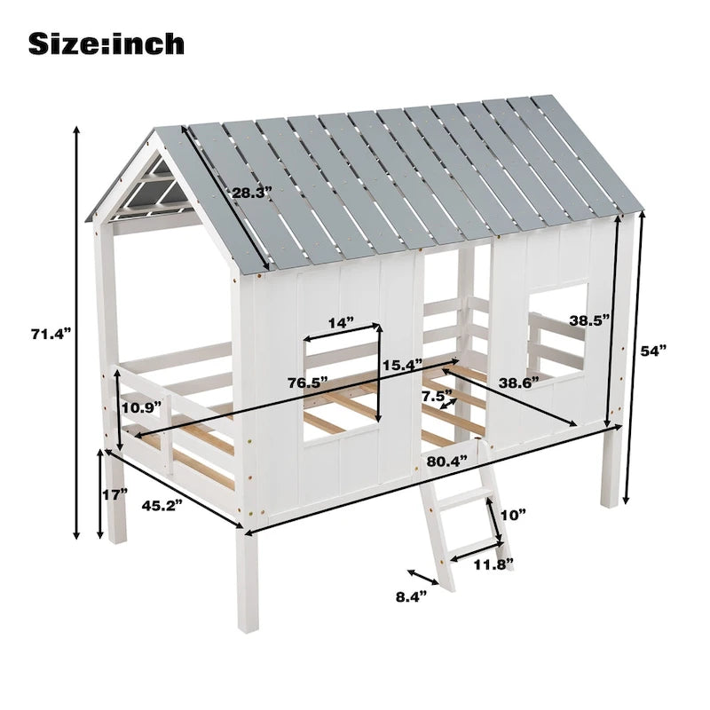 White Gray Roof Kids Playhouse Low Loft Bed with Windows Guardrail Ladder