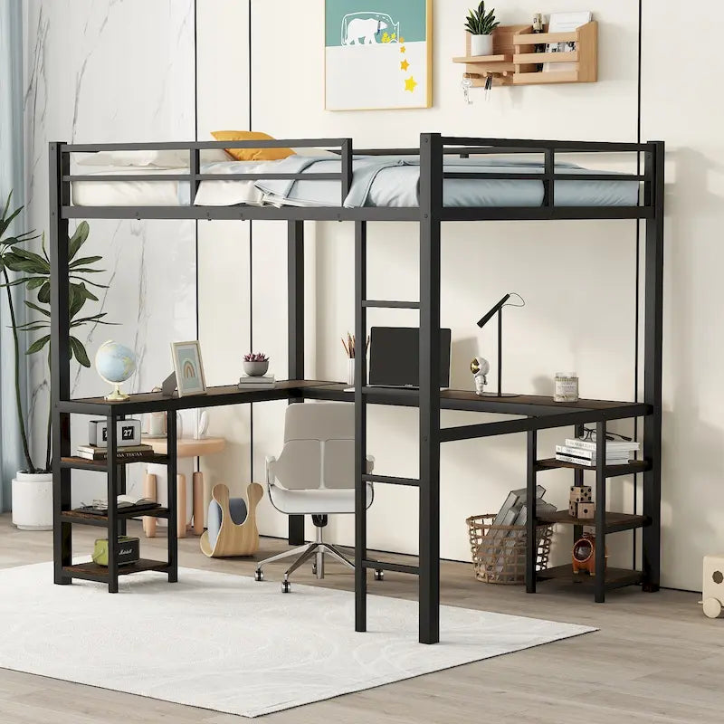Black Metal Full Loft Bed Frame with L-Shaped Desk and Storage Shelves