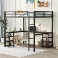 Black Metal Full Loft Bed Frame with L-Shaped Desk and Storage Shelves
