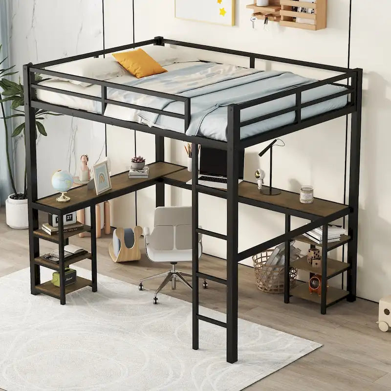 Black Full Metal Loft Bed with Desk & Shelves