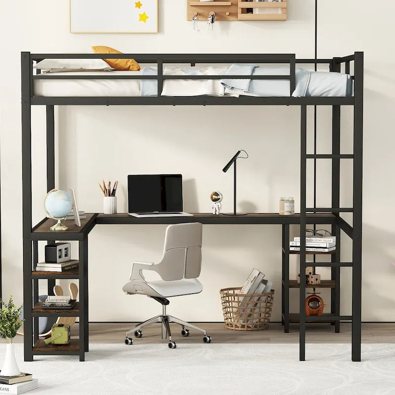 Black Metal Full Loft Bed Frame with L-Shaped Desk and Storage Shelves