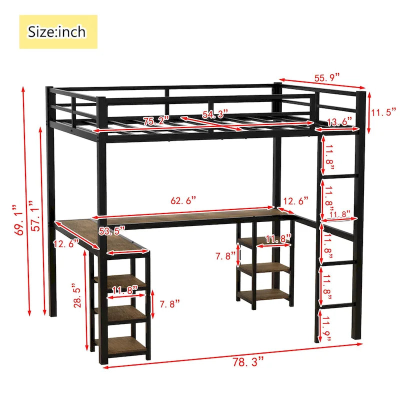 Black Metal Full Loft Bed Frame with L-Shaped Desk and Storage Shelves