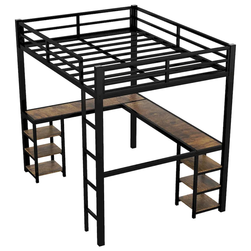 Black Metal Full Loft Bed Frame with L-Shaped Desk and Storage Shelves