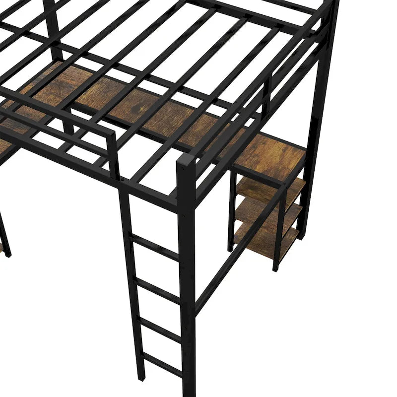 Black Metal Full Loft Bed Frame with L-Shaped Desk and Storage Shelves