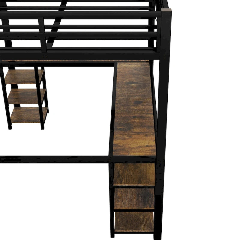 Black Metal Full Loft Bed Frame with L-Shaped Desk and Storage Shelves