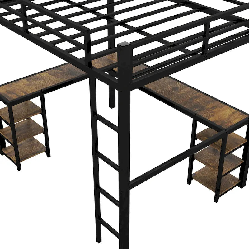 Black Metal Full Loft Bed Frame with L-Shaped Desk and Storage Shelves