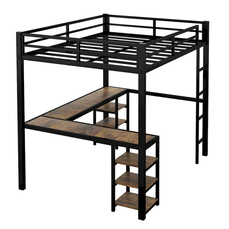 Black Metal Full Loft Bed Frame with L-Shaped Desk and Storage Shelves
