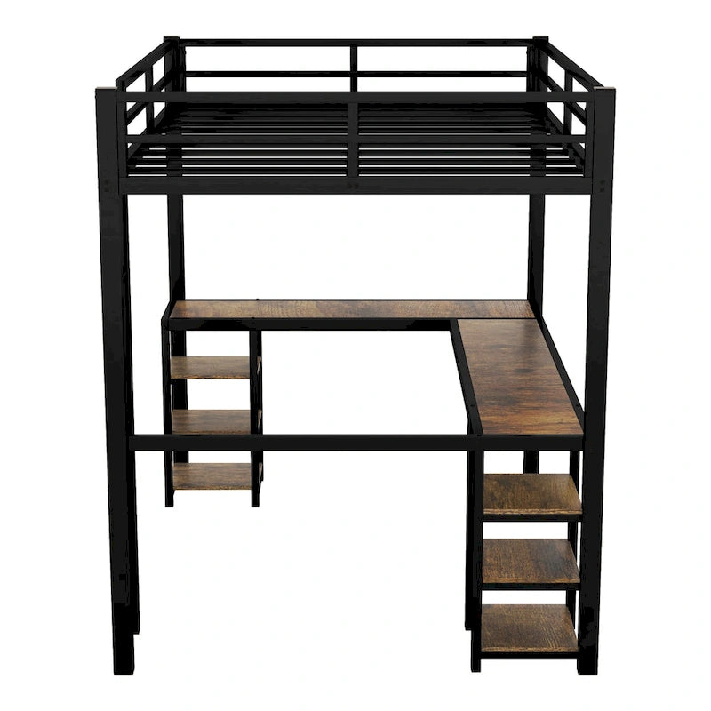 Black Metal Full Loft Bed Frame with L-Shaped Desk and Storage Shelves
