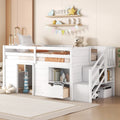 White Low Loft Bed Twin Size with Stairs Storage Drawer Shelves
