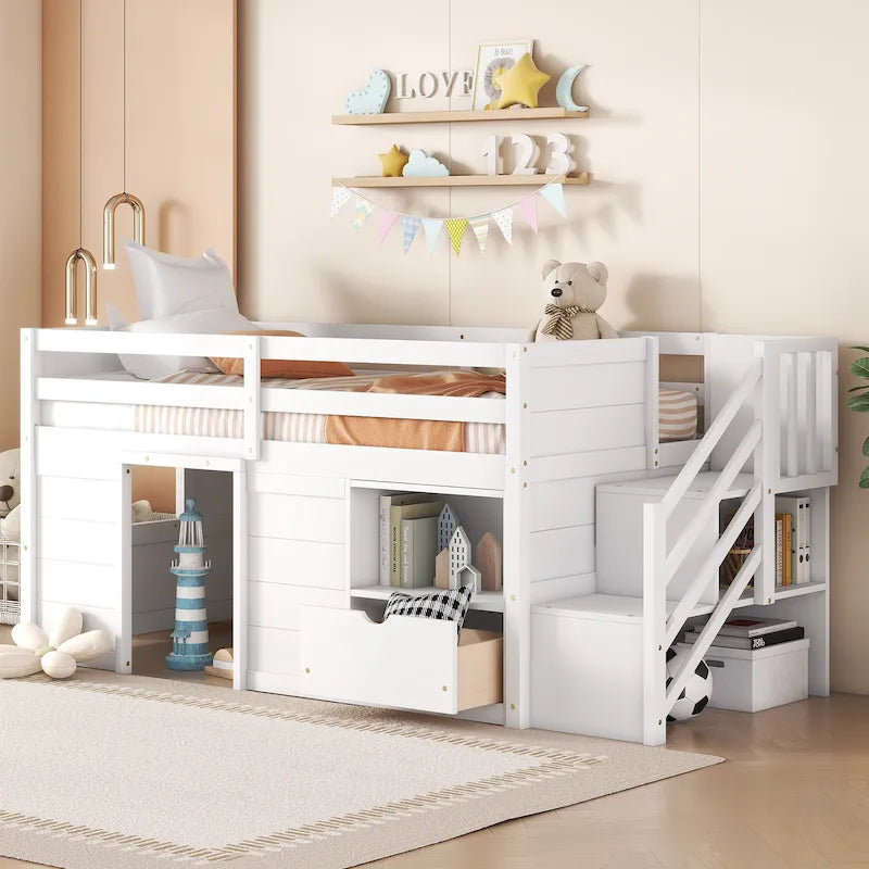 White Low Loft Bed Twin Size with Stairs Storage Drawer Shelves
