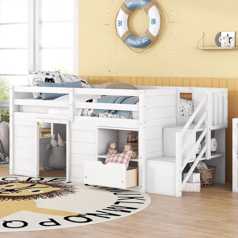 White Low Loft Bed Twin Size with Stairs Storage Drawer Shelves
