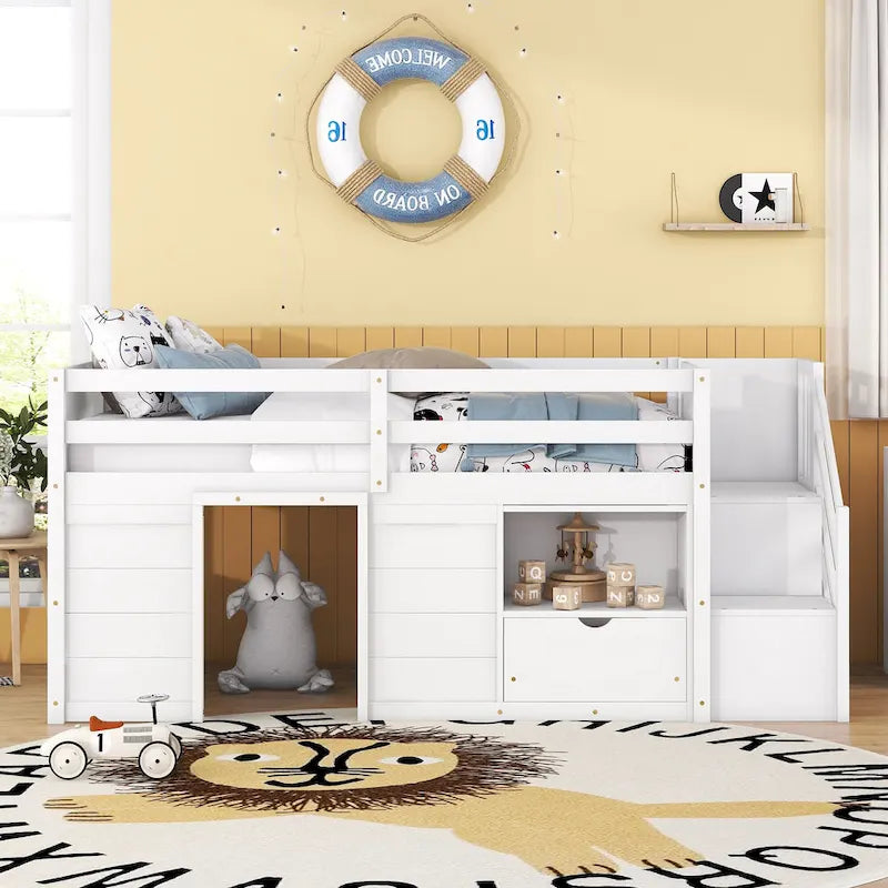 White Low Loft Bed Twin Size with Stairs Storage Drawer Shelves