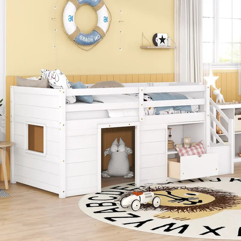 White Low Loft Bed Twin Size with Stairs Storage Drawer Shelves