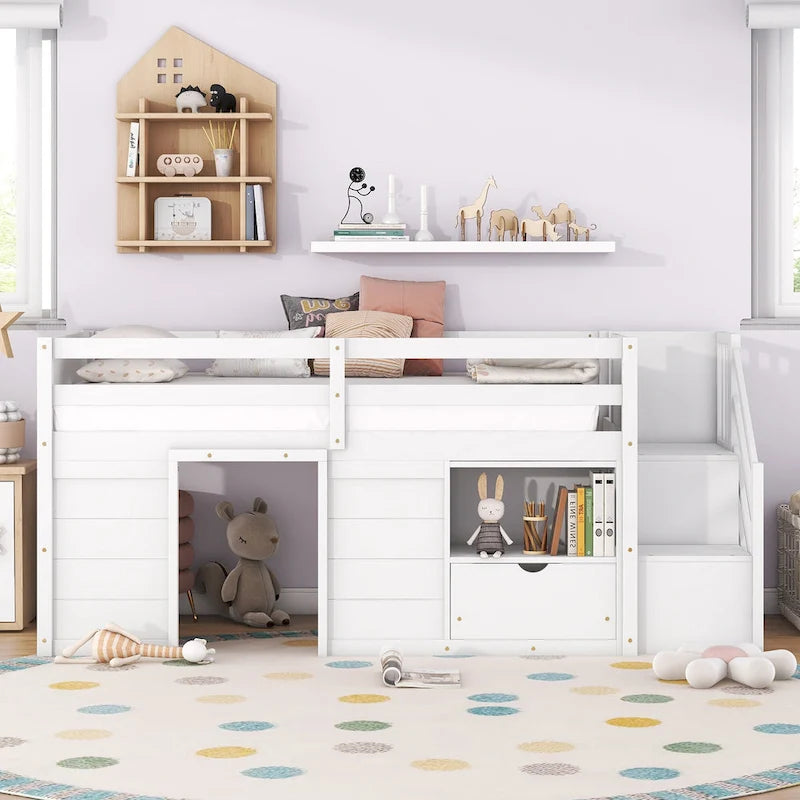 White Low Loft Bed Twin Size with Stairs Storage Drawer Shelves