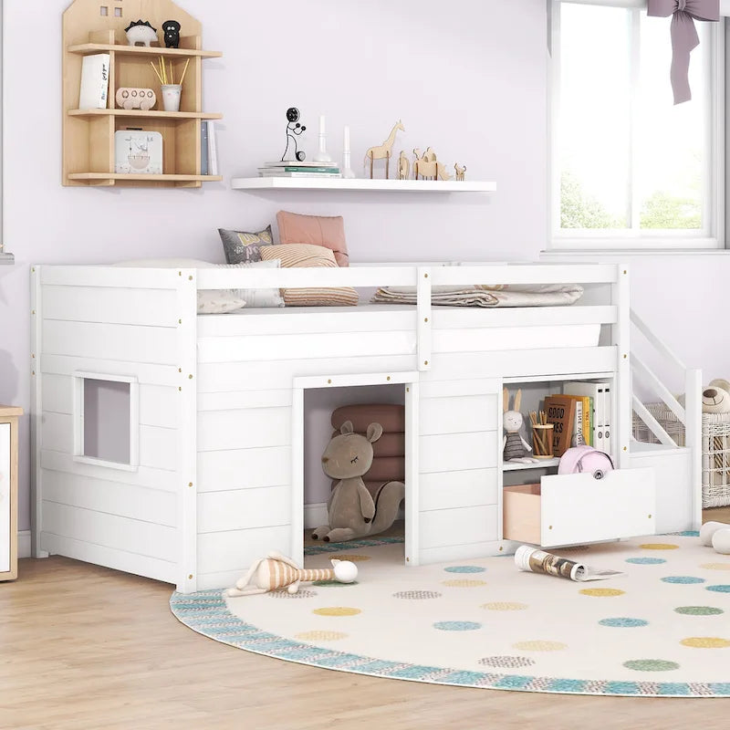 White Low Loft Bed Twin Size with Stairs Storage Drawer Shelves