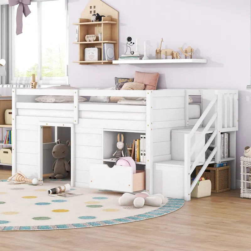 White Low Loft Bed Twin Size with Stairs Storage Drawer Shelves