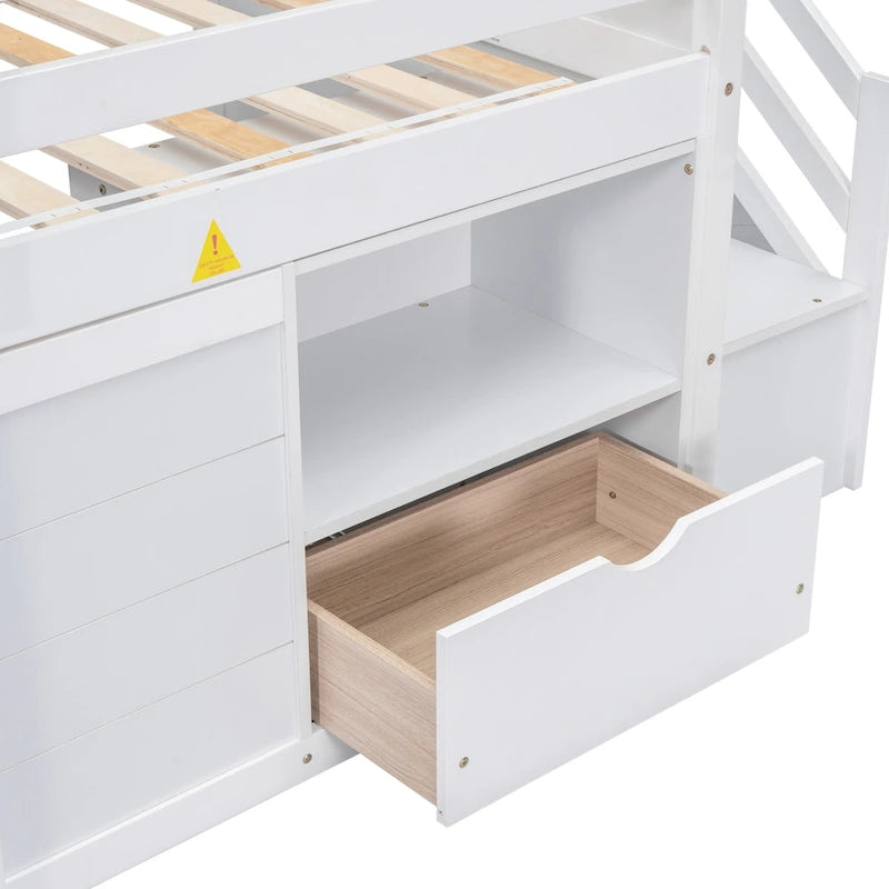 White Low Loft Bed Twin Size with Stairs Storage Drawer Shelves