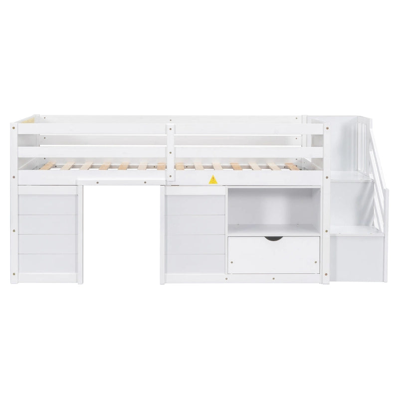 White Low Loft Bed Twin Size with Stairs Storage Drawer Shelves