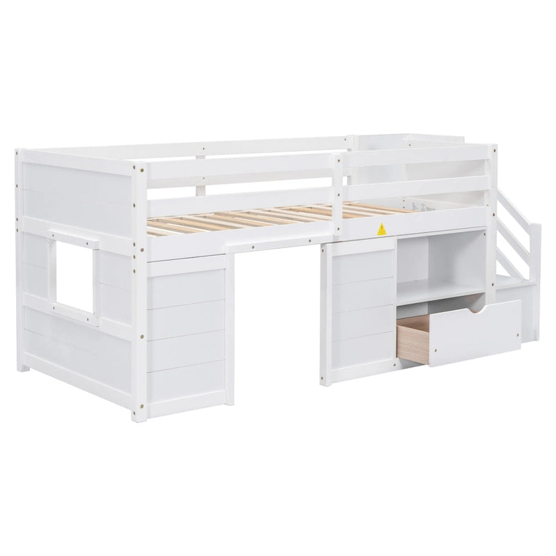 White Low Loft Bed Twin Size with Stairs Storage Drawer Shelves