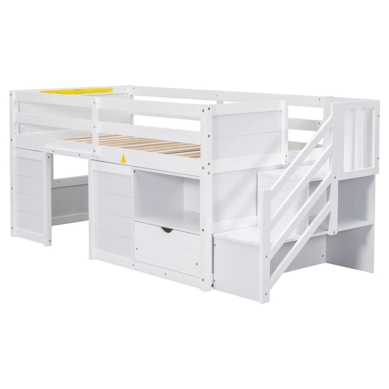 White Low Loft Bed Twin Size with Stairs Storage Drawer Shelves