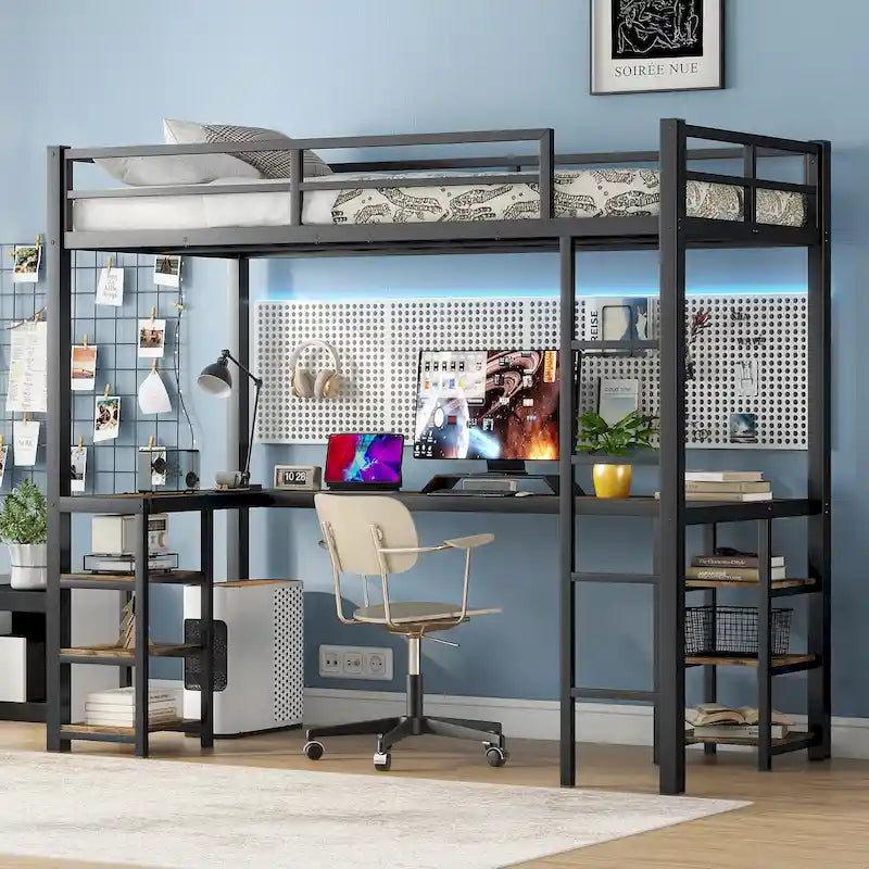 Black Metal L-Shaped Metal Loft Bed Frame with Shelves Ladder and Guardrails