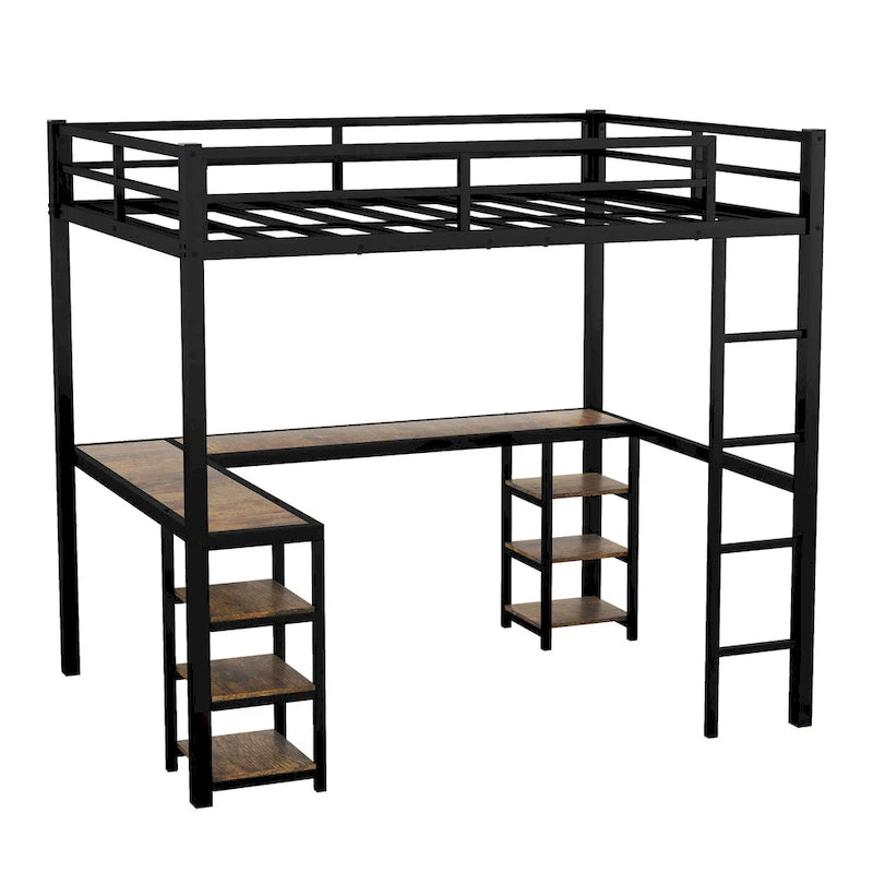 Black Metal L-Shaped Metal Loft Bed Frame with Shelves Ladder and Guardrails