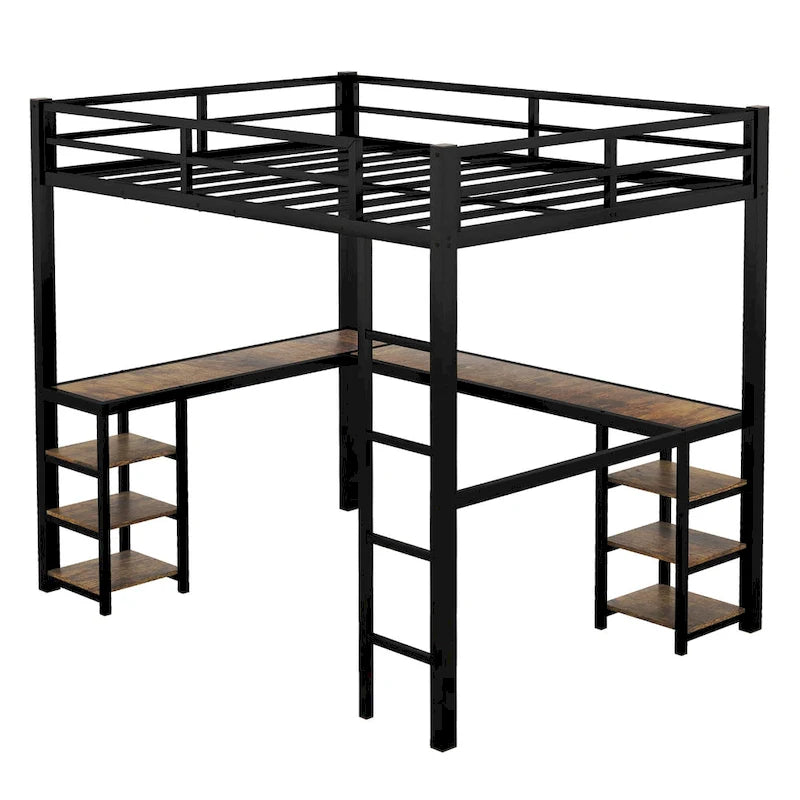 Black Metal L-Shaped Metal Loft Bed Frame with Shelves Ladder and Guardrails