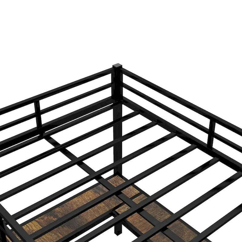 Black Metal L-Shaped Metal Loft Bed Frame with Shelves Ladder and Guardrails