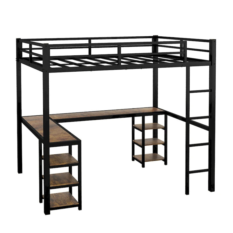 Black Metal L-Shaped Metal Loft Bed Frame with Shelves Ladder and Guardrails