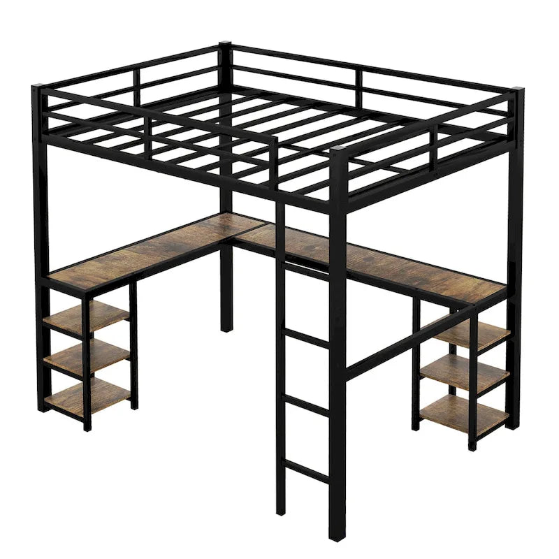 Black Metal L-Shaped Metal Loft Bed Frame with Shelves Ladder and Guardrails