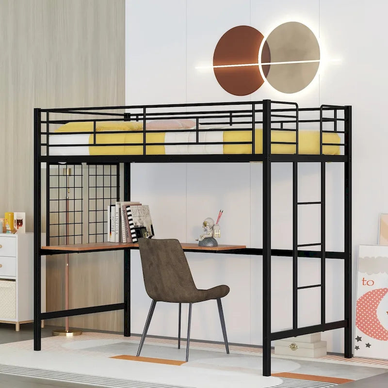 Black Metal Loft Bed with Built-In Desk, Ladder and Grid Panel