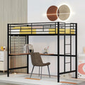 Black Metal Loft Bed with Built-In Desk, Ladder and Grid Panel
