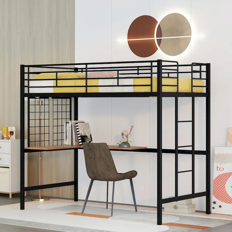 Black Twin Size Metal Loft Bed with Desk, Ladder & Grid