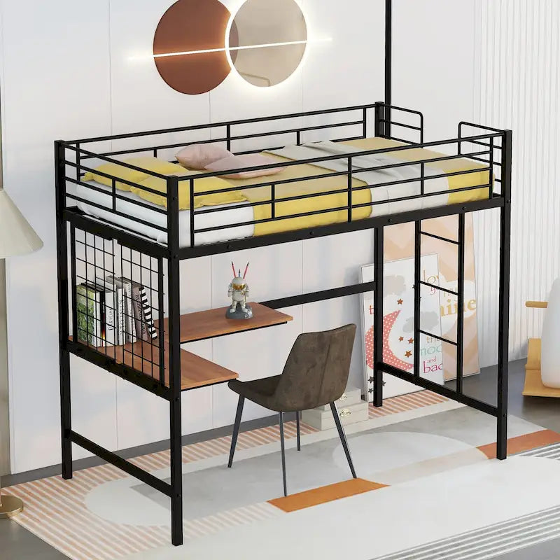 Black Metal Loft Bed with Built-In Desk, Ladder and Grid Panel
