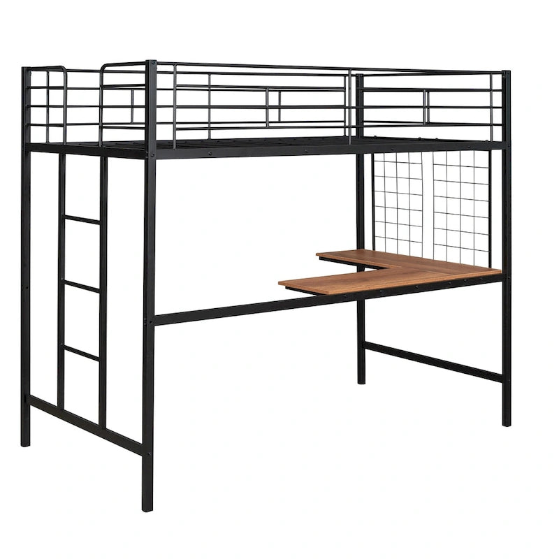 Black Metal Loft Bed with Built-In Desk, Ladder and Grid Panel